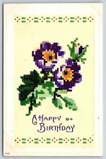Birthday~Cross Stitch~Purple Flowers~Art Deco~Gold~Textured~Emb~Vintage Postcard picture