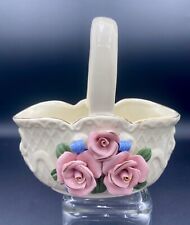 Vintage Large Porcelain Basket w/attached Pink Roses, Gold Trim, Blue Ribbon picture