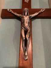 NIB Vintage Italian Bronze/Mahogany Wood Crucifix of Jesus Christ INRI Large 16” picture