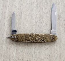 ARNEX INOX 2-BLADE POCKETKNIFE BRASS SCALES HUNTING THEME SOLINGEN GERMANY picture