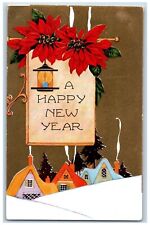 New Year Postcard Poinsettia Flowers Houses Winter Embossed 1937 Posted Vintage picture