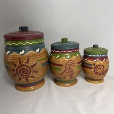 Ceramic Canister set of 3 - Aztec Sun Kokopelli and lizard WMG05 South Western picture