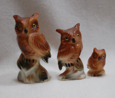 Porcelain Owl Family Three Minature Ceramic Owl Figurines Vintage Collectible picture