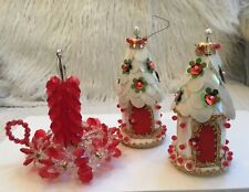3 VTG Handmade Beaded Sequin Push Pin Christmas Ornaments Red & White Candle picture