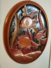 Vintage Hand Carved Painted Wood Wall Hanging 3 Fish Under Water Life17