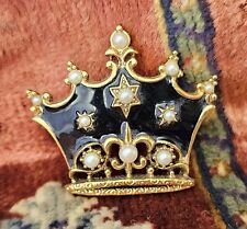1928 Brand Enameled Crown /w Pearls Gold Tone  Pin Brooch Vintage Large picture