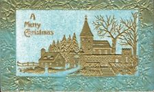 Postcard, Vintage, A Merry Christmas, Embossed, Gold Tones Church picture