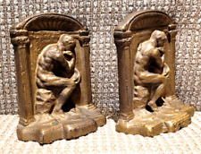 Antique Vintage The Thinker - Heavy Cast Iron Bookends Set Nice Patina 2.5 Lbs. picture