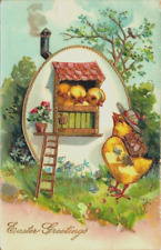 Antique Postcard Easter Greetings Anthropomorphic Chicks Egg Gilt Trim c1910 picture