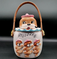 VTG Lipper & Mann Cookie Jar Dancing Dogs with Hats Musical Notes Rattan Handle picture