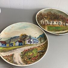 VTG 70s Hand Painted Plate Wall Art Folksy Country Landscape Farm House Lot Of 2 picture