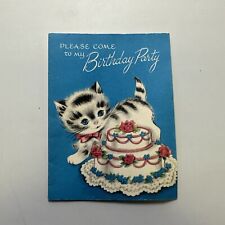 Vintage Please Come To My Birthday Kitten And Cake Card - 35D Z-737-5A picture