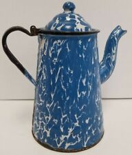 Graniteware Enamelware Blue Swirl Wave Gooseneck Teapot Farmhouse Vintage  picture