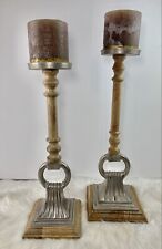 Pair of Restoration Hardware Wood Silver Metal Pillar Candle Holders  picture