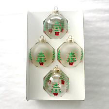 4x VTG Blown Glass Christmas Ornaments Trees Handpainted Round Boxed NOS picture