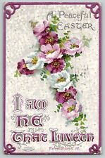 1910 I Am He That Liveth Easter Postcard Revelation I 18 Scripture Purple Cross picture
