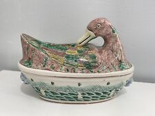 Chinese Porcelain Famille Verte Duck Form Covered Dish Pot w/ Foo Dog & Waves picture