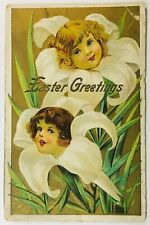 c. 1910 Anthropomorphic Easter Greetings postcard Flowers/Girls picture
