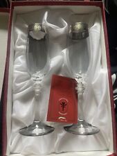 CRISTALLERIA FUMO 2 HAND MADE METALLIC SILVER BAND CHAMPAGNE FLUTES ITALY 8”x2.2 picture