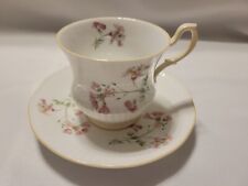 Vintage Queen's Staffordshire Bone China Teacup Saucer pink flower yellow handle picture