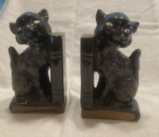 Vintage 50s Dark Academia Black Cat Bookends Pen Holders Redware Pottery ~Japan picture