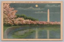 Washington DC~Washington Monument & Cherry Blossoms At Night~Vintage Postcard picture