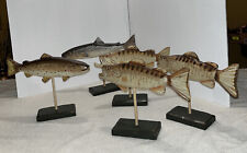 Set Of Five Wood Carved Fish On Bases 2-Trout, 3-Bass Folk Art (533) picture