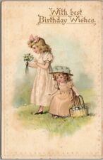 Vintage HAPPY BIRTHDAY Greetings Postcard Two Girls / Basket of Flowers - 1913 picture