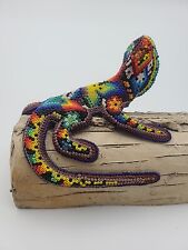 Huichol Art Brightly Colored Beaded Lizard Iguana on Log Figurine  picture