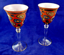 Vietri Regalia Handpainted Gold Trimmed Orange Wine Goblets Set of Two New picture