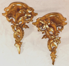 Antique Pr Lemon Gold Gilt Carved Wood Shelves Sconces Florentine Italy 10