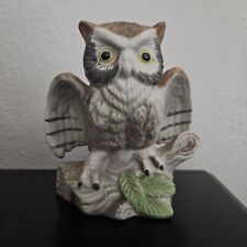 Vintage Porcelain Owl Sitting on Log Figurine Home Decor Woodland Bird picture