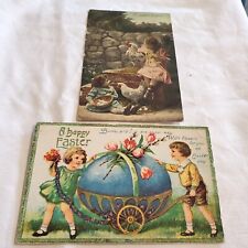 Antique 2 Postcards 1911-1920 Happy Joyful Easter Children Chickens Egg In Cart picture