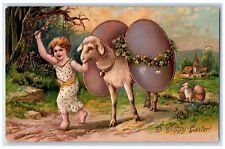Easter Postcard Little Girl Grazing Goat With Big Eggs Church Embossed c1910's picture