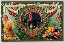 Thanksgiving Postcard Greetings Turkey And Fruits Wheat Flowers Embossed c1910's picture