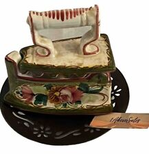 Ceramic Sad Iron Hand Painted Sewing Thread Box Very Good Condition picture