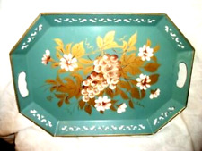 VINTAGE AQUA HP TOLE TRAY GRAPES FLOWERS RETICULATED EDGE HANDLES 1950s MCM picture