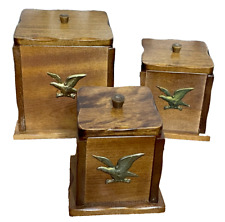 Set 3 Vintage 1950s Mid Century Wooden Boxes Canisters Eagle Coffee Tea Kitchen picture