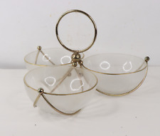 Vtg 70s Mid Century Modern MCM Frosted Glass Brass Ring Condiment Holder Bowls picture