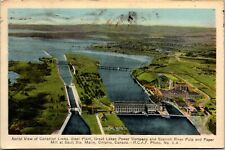 Vtg 1937 Aerial View Canadian Locks Sault Ste Marie Ontario Canada Postcard picture