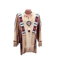 Old Style Beige Buckskin Suede Hide Fringes Beaded Powwow War Shirt NHS06 picture