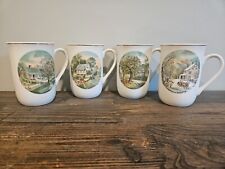 Vintage Currier And Ives Porcelain Four Seasons Mug Set With Gold Trim picture