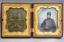 DOUBLE CASED C.W. Ruby Ambro of Union Soldier & Ambrotype of His Twin Daughters picture
