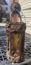 Vintage MCM Spanish Gothic Swag Lamp Wood Amber Glass Iron HUGE picture