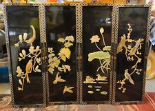 Antique Oriental Black Lacquer Wall Panels 4pc Set Mother of Pearl Floral Birds picture