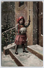 Vintage Antique Lovely Girl Pulling Door Bell Cord Christmas Postcard P084 picture