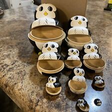 19 pieces of Russian wooden painted Penguin nesting dolls.  Set of 9 stacking picture