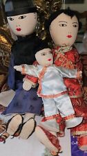 Lot of 3 Vintage Handmade Asian Family Cloth Character Dolls In Trad Outfits  picture