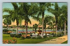 Orlando FL-Florida, Tropical View Lake Eola Park Fountain Gardens Linen Postcard picture