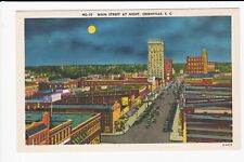 Main Street  At Night Greensville South Carolina Busy Street Linen Postcard  picture